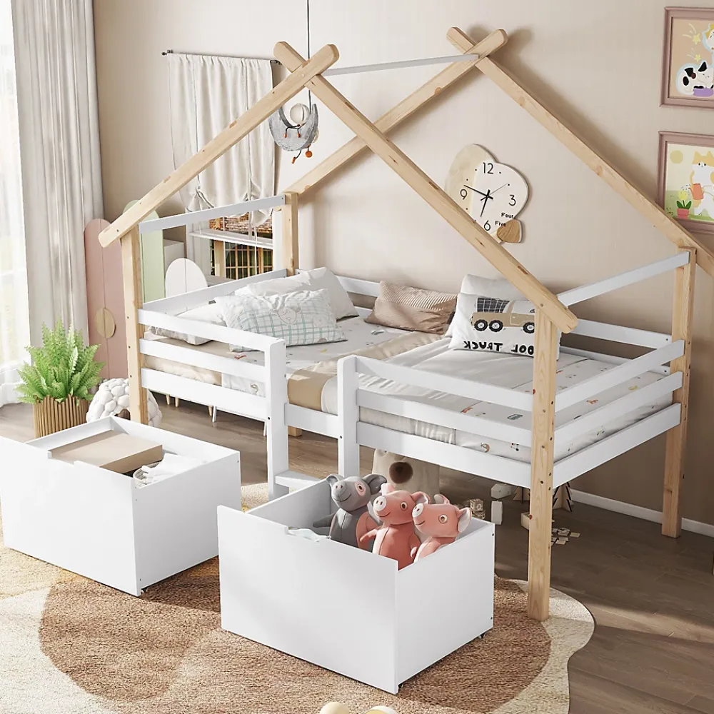 Okwish Lit enfant 90x200 cm - Lit Simple Cabane avec Escalier et 2 Rangements, Sans Matelas - Pin Blanc et Naturel*Enfant Lit Enfant