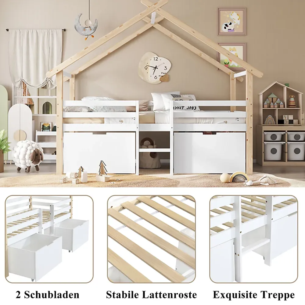 Okwish Lit enfant 90x200 cm - Lit Simple Cabane avec Escalier et 2 Rangements, Sans Matelas - Pin Blanc et Naturel*Enfant Lit Enfant
