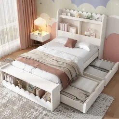 Lit enfant 90x190 cm - Lit Simple avec 2 Tiroirs, Étagère et Banc, Bois Massif et MDF, Sans Matelas - Blanc et Chêne Votan>Generique