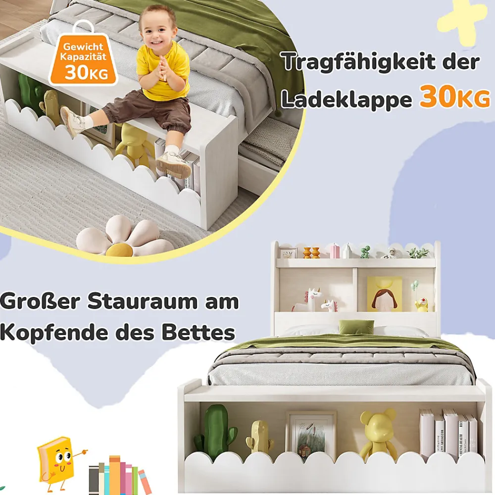 Lit enfant 90x190 cm - Lit Simple avec 2 Tiroirs, Étagère et Banc, Bois Massif et MDF, Sans Matelas - Blanc et Chêne Votan>Generique