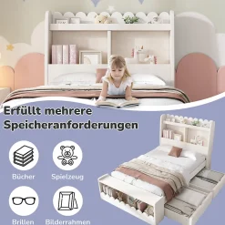 Lit enfant 90x190 cm - Lit Simple avec 2 Tiroirs, Étagère et Banc, Bois Massif et MDF, Sans Matelas - Blanc et Chêne Votan><noscript><img width=