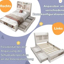Lit enfant 90x190 cm - Lit Simple avec 2 Tiroirs, Étagère et Banc, Bois Massif et MDF, Sans Matelas - Blanc et Chêne Votan><noscript><img width=