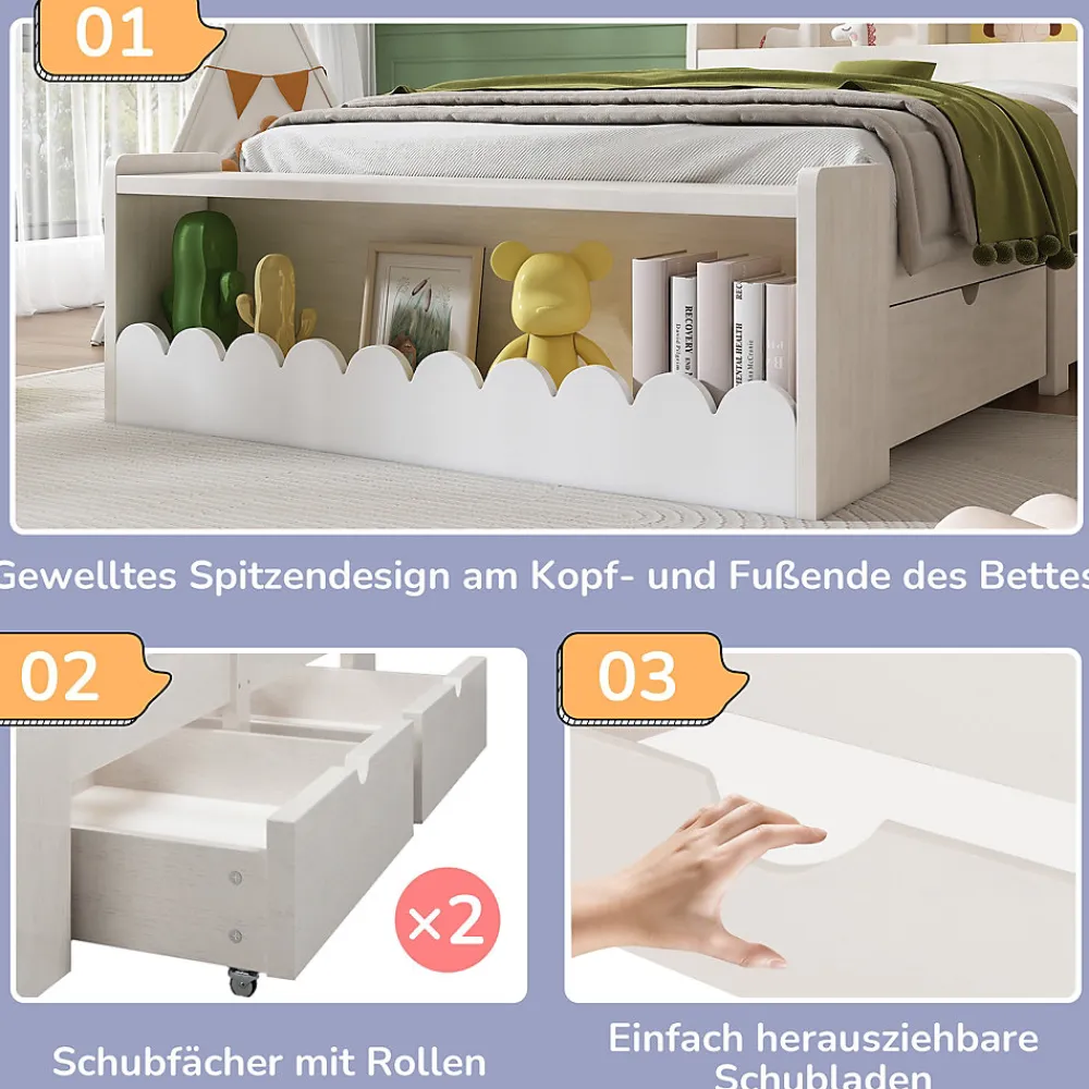 Lit enfant 90x190 cm - Lit Simple avec 2 Tiroirs, Étagère et Banc, Bois Massif et MDF, Sans Matelas - Blanc et Chêne Votan>Generique