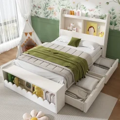 Generique Lit enfant 90x200 cm - Lit Simple avec Tiroirs et Étagère, Sans Matelas, Bois Massif et MDF, Blanc Chêne Votan*Enfant Lit Enfant