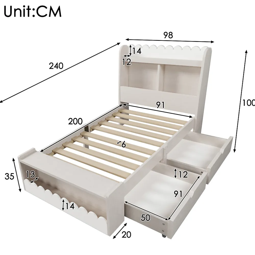 Generique Lit enfant 90x200 cm - Lit Simple avec Tiroirs et Étagère, Sans Matelas, Bois Massif et MDF, Blanc Chêne Votan*Enfant Lit Enfant