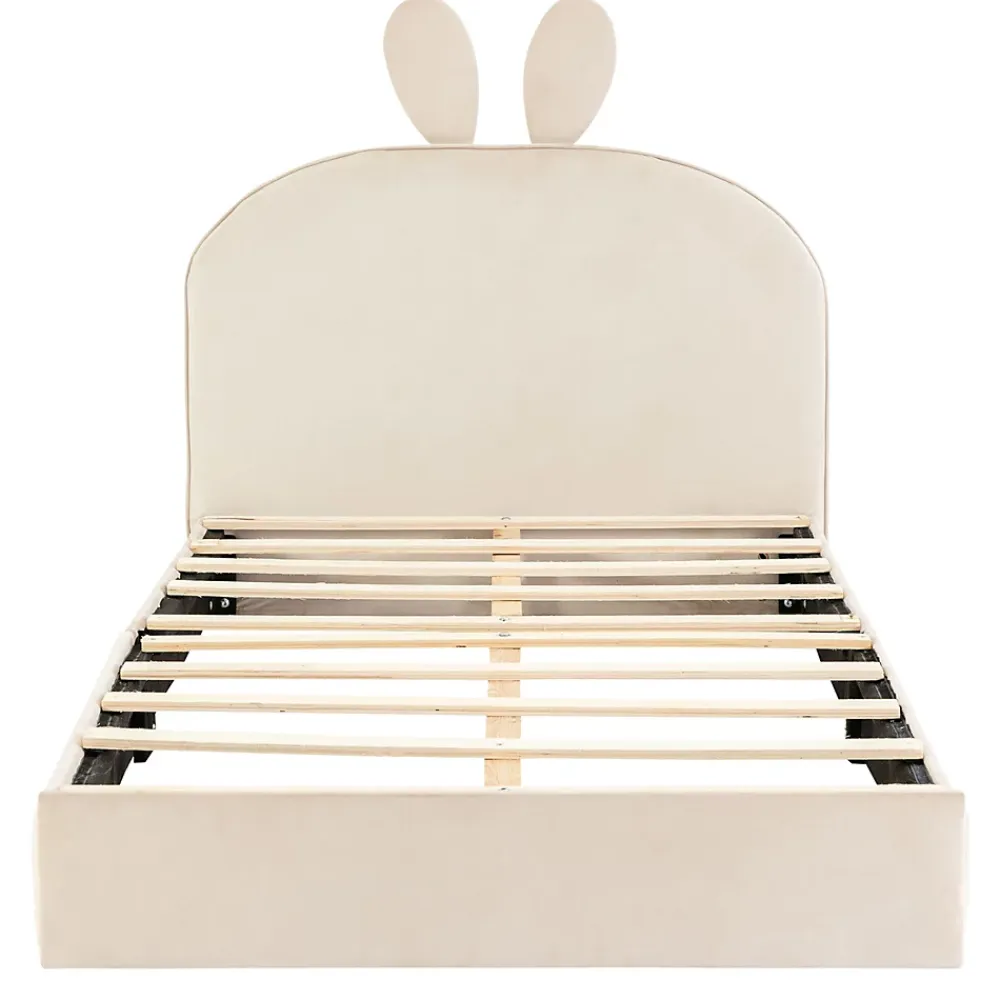 Okwish Lit enfant 90x200 cm - Lit Simple avec Tête Capitonnée, design Lapin, Sans Matelas - Velours Beige*Enfant Lit Enfant