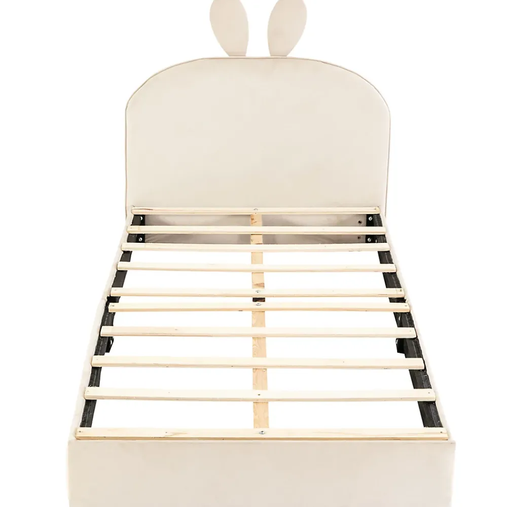 Okwish Lit enfant 90x200 cm - Lit Simple avec Tête Capitonnée, design Lapin, Sans Matelas - Velours Beige*Enfant Lit Enfant