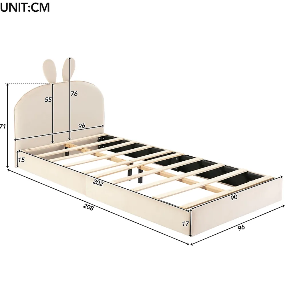 Okwish Lit enfant 90x200 cm - Lit Simple avec Tête Capitonnée, design Lapin, Sans Matelas - Velours Beige*Enfant Lit Enfant