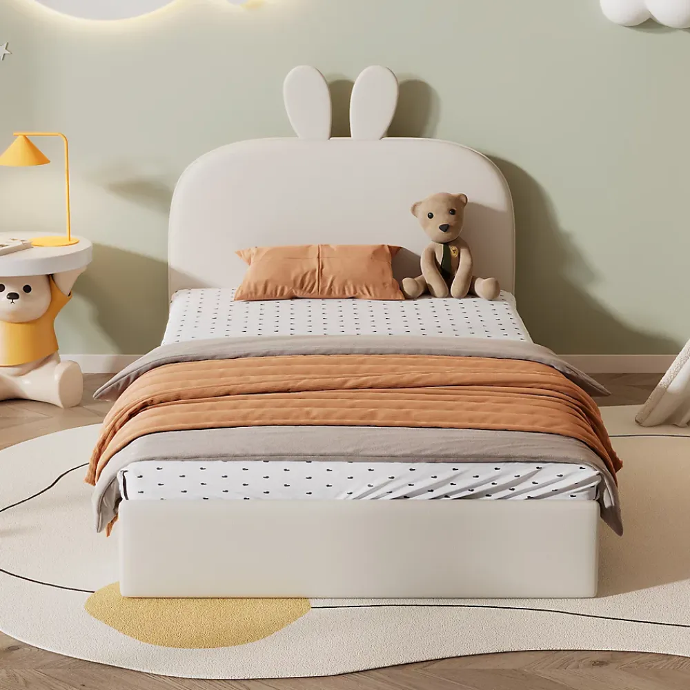Okwish Lit enfant 90x200 cm - Lit Simple avec Tête Capitonnée, design Lapin, Sans Matelas - Velours Beige*Enfant Lit Enfant