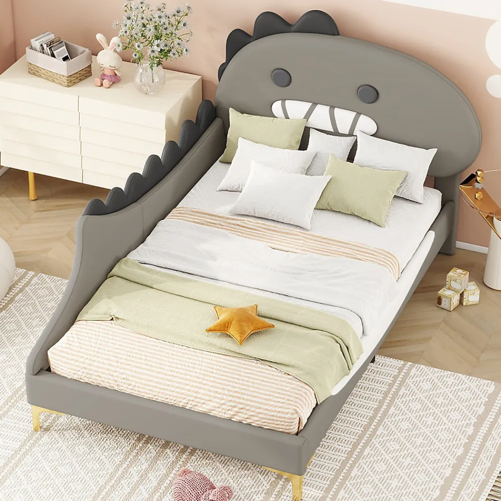 Lit enfant 90x200 cm - Lit Simple Dinosaure avec Tête de Lit Décorative - PU et MDF - Gris - Sans Matelas>Generique New