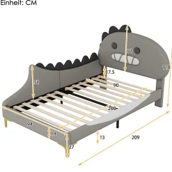 Lit enfant 90x200 cm - Lit Simple Dinosaure avec Tête de Lit Décorative - PU et MDF - Gris - Sans Matelas><noscript><img width=