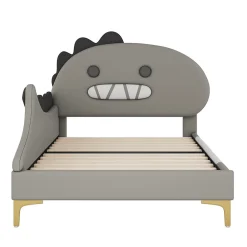 Lit enfant 90x200 cm - Lit Simple Dinosaure avec Tête de Lit Décorative - PU et MDF - Gris - Sans Matelas><noscript><img width=