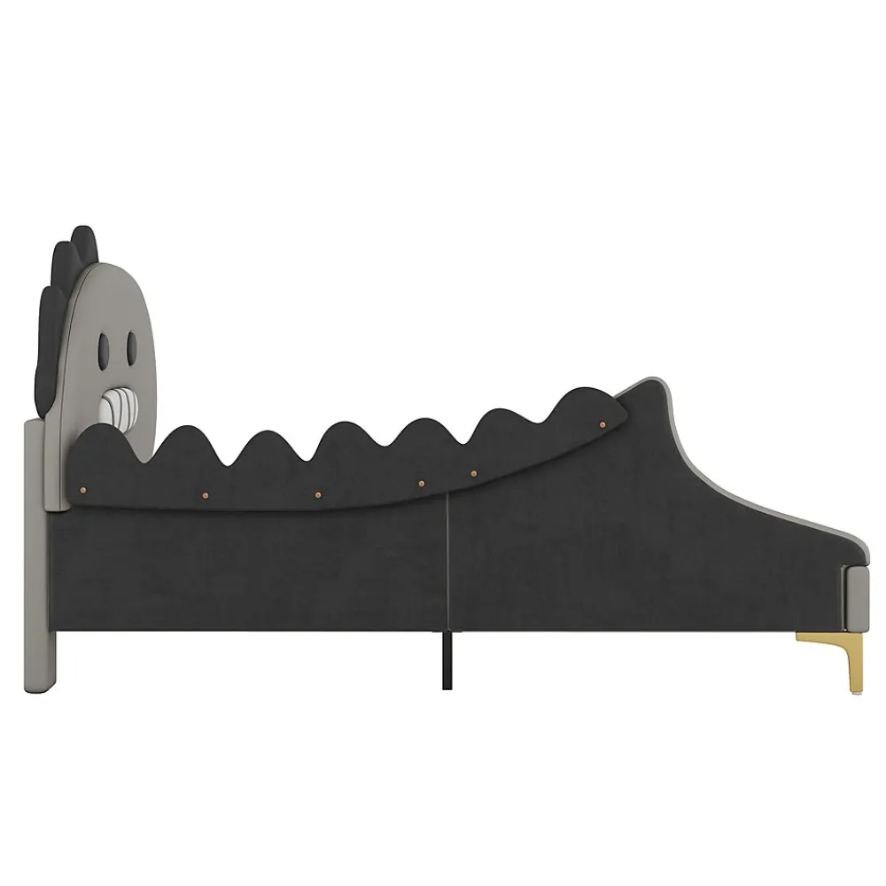 Lit enfant 90x200 cm - Lit Simple Dinosaure avec Tête de Lit Décorative - PU et MDF - Gris - Sans Matelas>Generique New