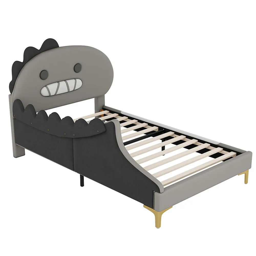 Lit enfant 90x200 cm - Lit Simple Dinosaure avec Tête de Lit Décorative - PU et MDF - Gris - Sans Matelas>Generique New