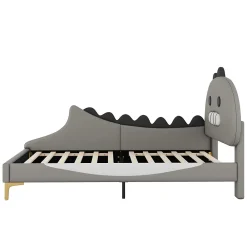Lit enfant 90x200 cm - Lit Simple Dinosaure avec Tête de Lit Décorative - PU et MDF - Gris - Sans Matelas><noscript><img width=