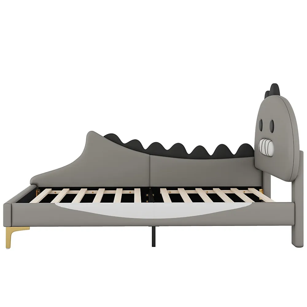 Lit enfant 90x200 cm - Lit Simple Dinosaure avec Tête de Lit Décorative - PU et MDF - Gris - Sans Matelas>Generique New