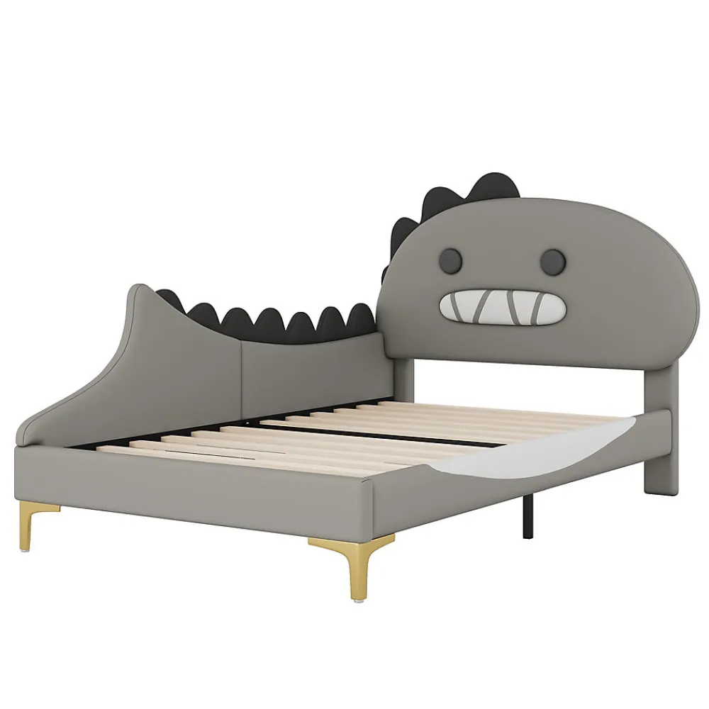 Lit enfant 90x200 cm - Lit Simple Dinosaure avec Tête de Lit Décorative - PU et MDF - Gris - Sans Matelas>Generique New