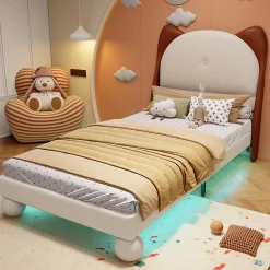 Lit enfant 90x200 cm - Lit Tête de Chat avec LED intégrée - PU - Sans matelas - Beige>Okwish Outlet