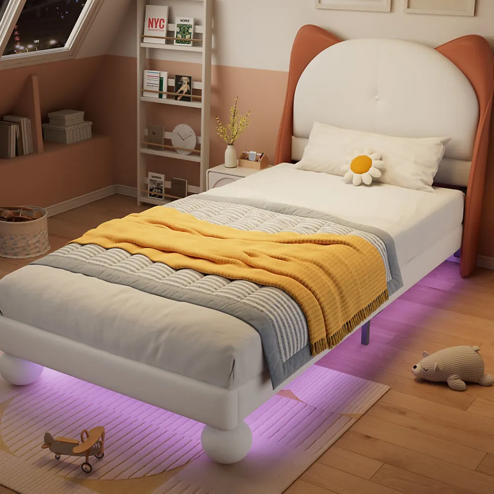 Lit enfant 90x200 cm - Lit Tête de Chat avec LED intégrée - PU - Sans matelas - Beige>Okwish Outlet