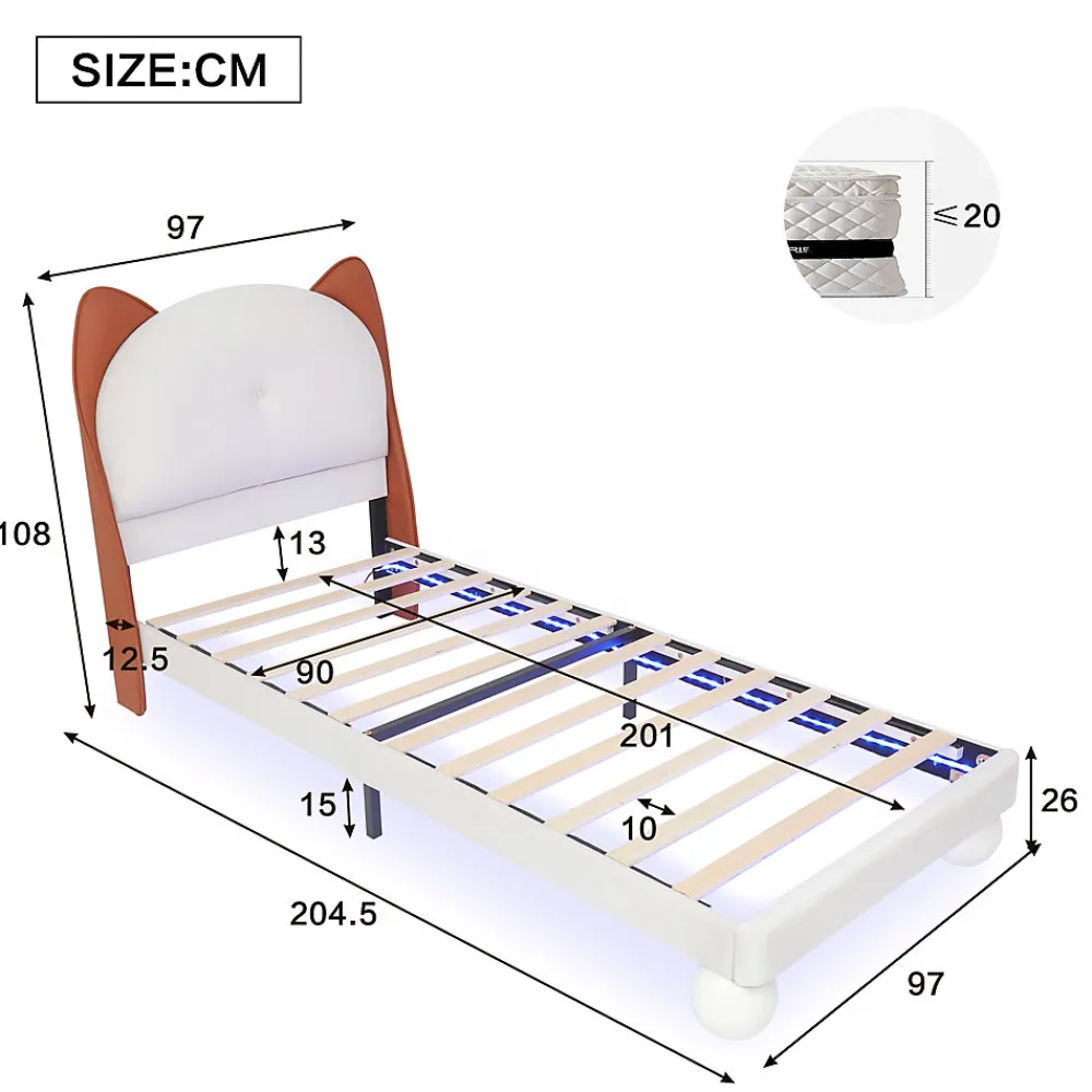 Lit enfant 90x200 cm - Lit Tête de Chat avec LED intégrée - PU - Sans matelas - Beige>Okwish Outlet