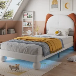 Lit enfant 90x200 cm - Lit Tête de Chat avec LED intégrée - PU - Sans matelas - Beige><noscript><img width=
