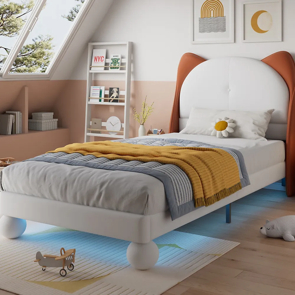 Lit enfant 90x200 cm - Lit Tête de Chat avec LED intégrée - PU - Sans matelas - Beige>Okwish Outlet