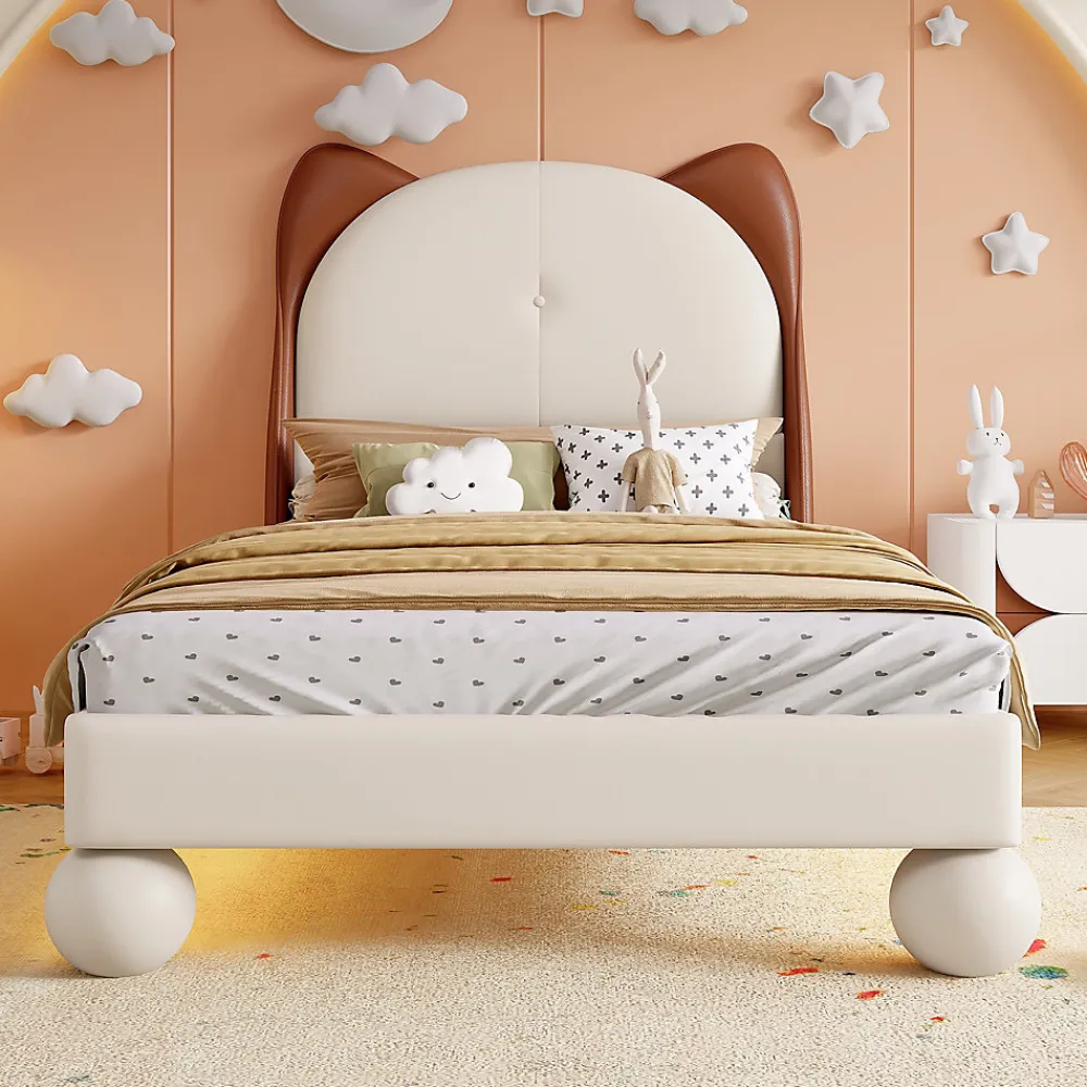 Lit enfant 90x200 cm - Lit Tête de Chat avec LED intégrée - PU - Sans matelas - Beige>Okwish Outlet