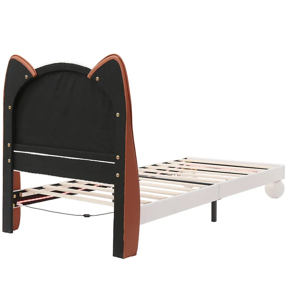 Lit enfant 90x200 cm - Lit Tête de Chat avec LED intégrée - PU - Sans matelas - Beige>Okwish Outlet