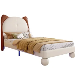 Lit enfant 90x200 cm - Lit Tête de Chat avec LED intégrée - PU - Sans matelas - Beige><noscript><img width=