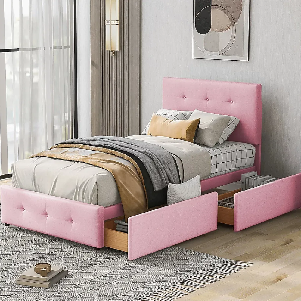 Okwish Lit enfant 90x200 cm - Sommier À Lattes et 2 Tiroirs, Lit Confortable avec Rangement Sous Le Lit, en Velours Rose, Sans Matelas*Enfant Lit Enfant
