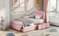 Okwish Lit enfant 90x200 cm - Sommier À Lattes et 2 Tiroirs, Lit Confortable avec Rangement Sous Le Lit, en Velours Rose, Sans Matelas*Enfant Lit Enfant