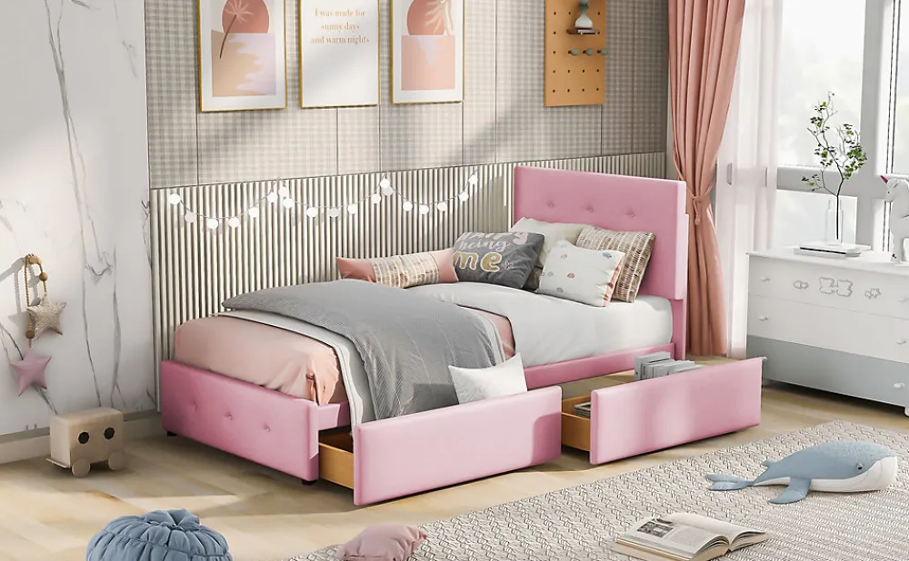 Okwish Lit enfant 90x200 cm - Sommier À Lattes et 2 Tiroirs, Lit Confortable avec Rangement Sous Le Lit, en Velours Rose, Sans Matelas*Enfant Lit Enfant