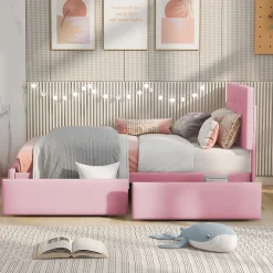 Okwish Lit enfant 90x200 cm - Sommier À Lattes et 2 Tiroirs, Lit Confortable avec Rangement Sous Le Lit, en Velours Rose, Sans Matelas*Enfant Lit Enfant