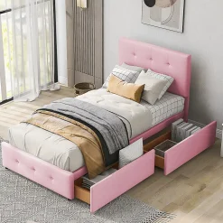 Okwish Lit enfant 90x200 cm - Sommier À Lattes et 2 Tiroirs, Lit Confortable avec Rangement Sous Le Lit, en Velours Rose, Sans Matelas*Enfant Lit Enfant