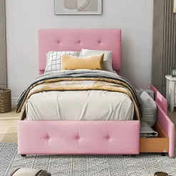 Okwish Lit enfant 90x200 cm - Sommier À Lattes et 2 Tiroirs, Lit Confortable avec Rangement Sous Le Lit, en Velours Rose, Sans Matelas*Enfant Lit Enfant