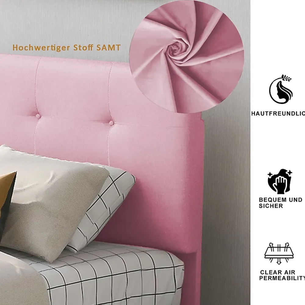 Okwish Lit enfant 90x200 cm - Sommier À Lattes et 2 Tiroirs, Lit Confortable avec Rangement Sous Le Lit, en Velours Rose, Sans Matelas*Enfant Lit Enfant
