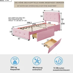 Okwish Lit enfant 90x200 cm - Sommier À Lattes et 2 Tiroirs, Lit Confortable avec Rangement Sous Le Lit, en Velours Rose, Sans Matelas*Enfant Lit Enfant