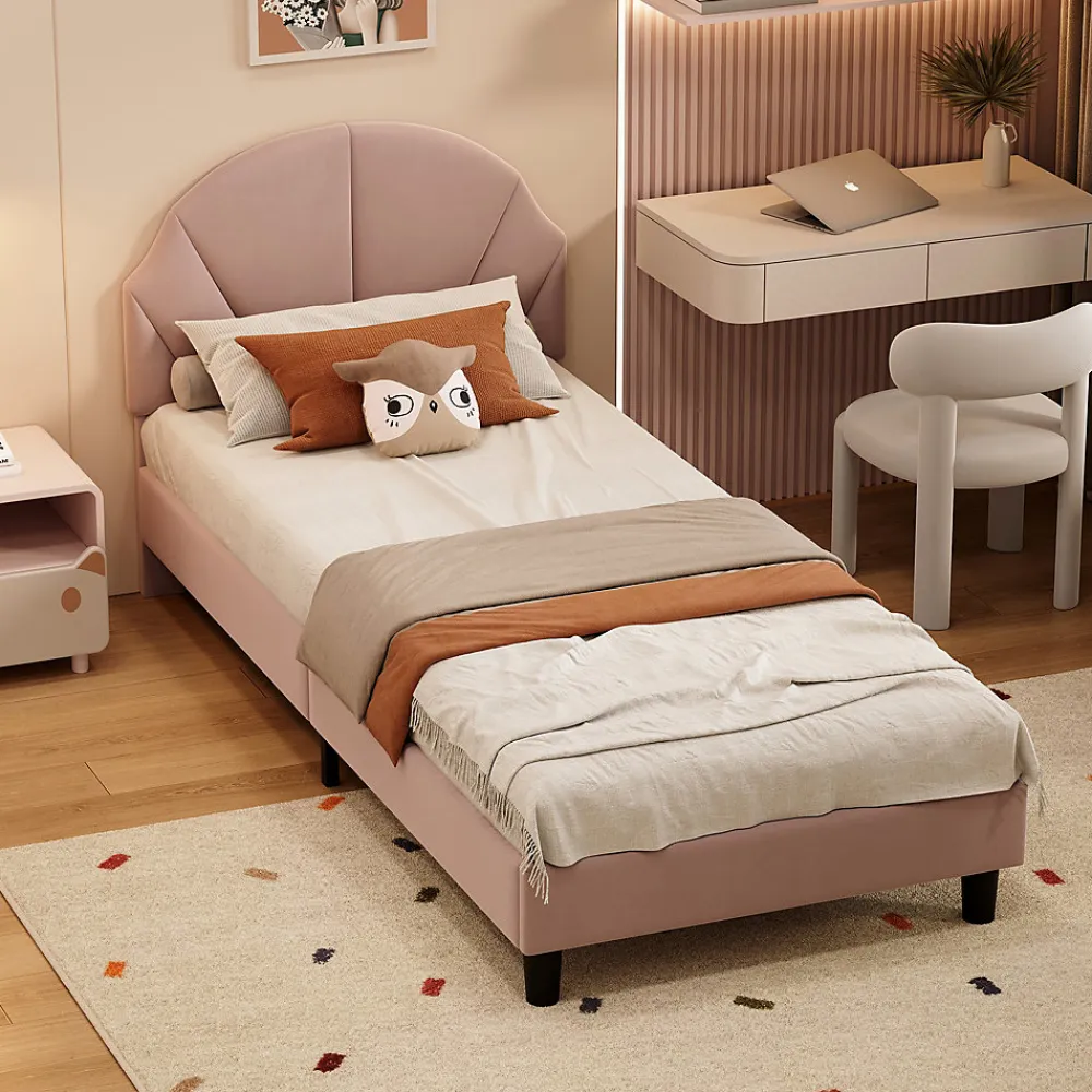 Lit Enfant 90x200 Cm Avec Tête De Lit Réglable Et Sommier à Lattes, Lit Simple Rembourré,rose>Fortuna lai Outlet