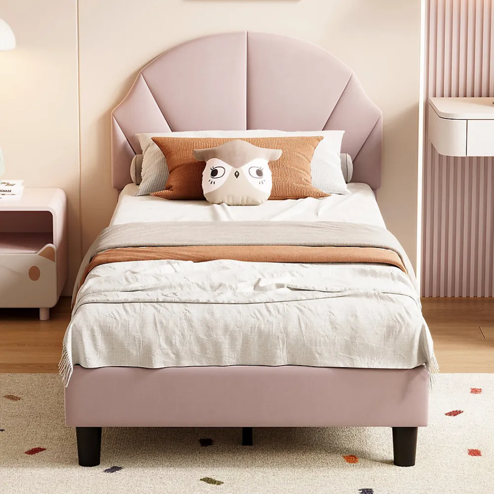 Lit Enfant 90x200 Cm Avec Tête De Lit Réglable Et Sommier à Lattes, Lit Simple Rembourré,rose>Fortuna lai Outlet