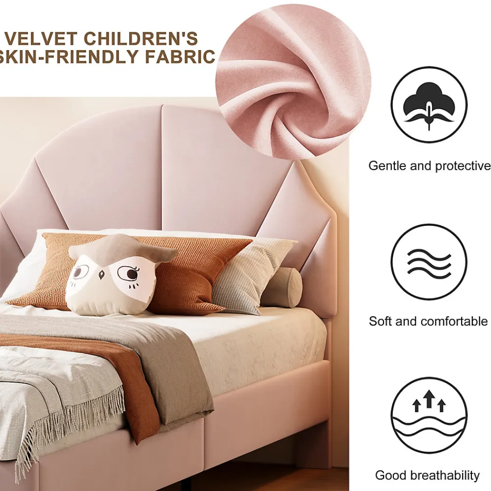 Lit Enfant 90x200 Cm Avec Tête De Lit Réglable Et Sommier à Lattes, Lit Simple Rembourré,rose>Fortuna lai Outlet