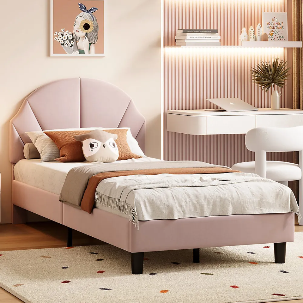 Lit Enfant 90x200 Cm Avec Tête De Lit Réglable Et Sommier à Lattes, Lit Simple Rembourré,rose>Fortuna lai Outlet