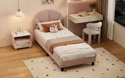 Lit Enfant 90x200 Cm Avec Tête De Lit Réglable Et Sommier à Lattes, Lit Simple Rembourré,rose><noscript><img width=