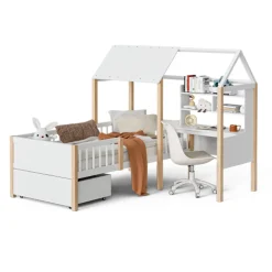 Lit enfant 90x200 cm, barrières, bureau L, tiroirs, bois massif - blanc>Blackcolors Online