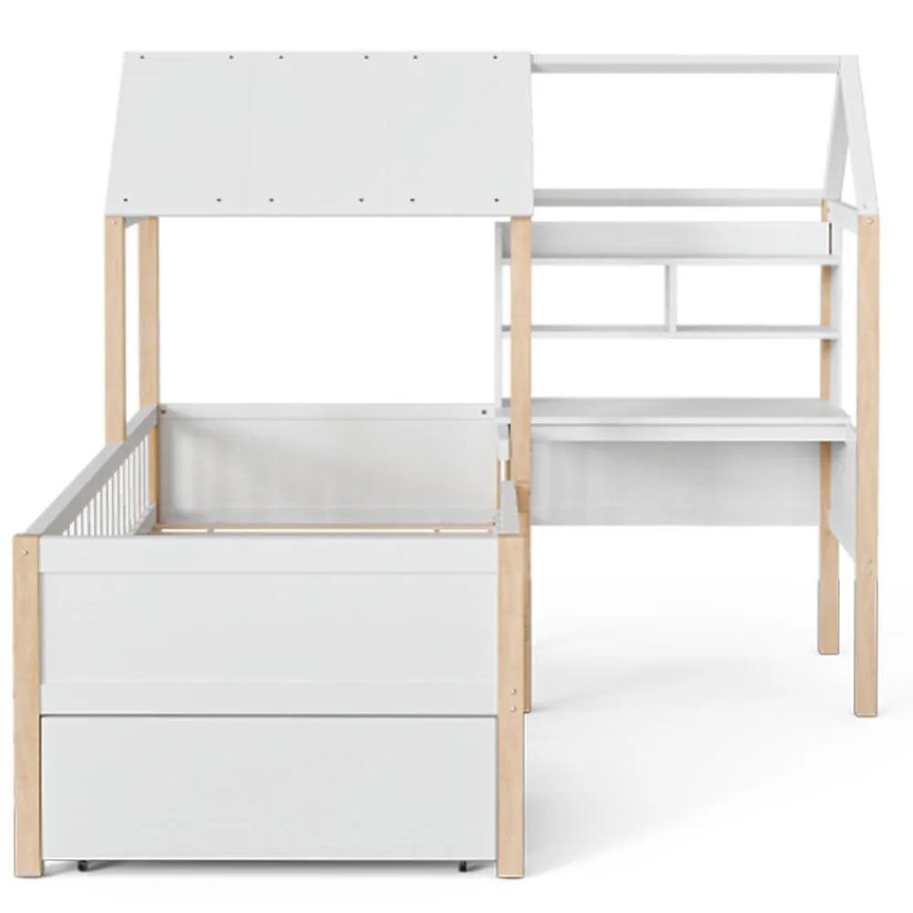 Lit enfant 90x200 cm, barrières, bureau L, tiroirs, bois massif - blanc>Blackcolors Online