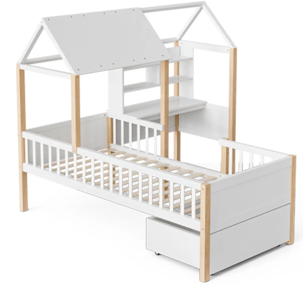 Lit enfant 90x200 cm, barrières, bureau L, tiroirs, bois massif - blanc>Blackcolors Online