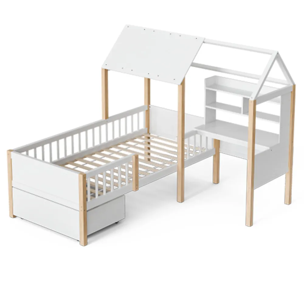 Lit enfant 90x200 cm, barrières, bureau L, tiroirs, bois massif - blanc>Blackcolors Online