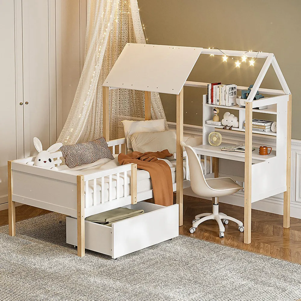 Lit enfant 90x200 cm, barrières, bureau L, tiroirs, bois massif - blanc>Blackcolors Online