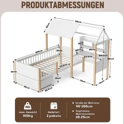 Lit enfant 90x200 cm, barrières, bureau L, tiroirs, bois massif - blanc><noscript><img width=