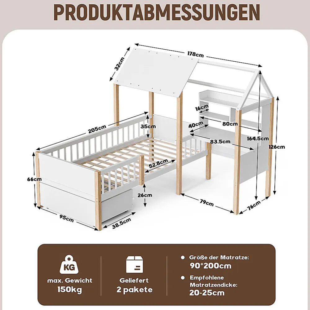 Lit enfant 90x200 cm, barrières, bureau L, tiroirs, bois massif - blanc>Blackcolors Online