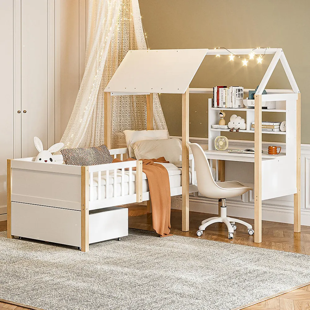 Lit enfant 90x200 cm, barrières, bureau L, tiroirs, bois massif - blanc>Blackcolors Online